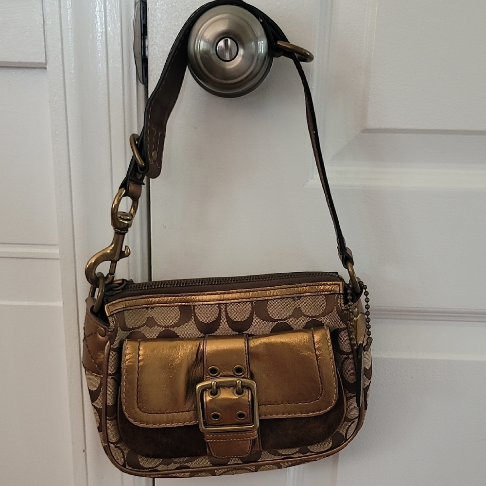 Coach Gold and Brown Shoulder Bag with Signature Monogram